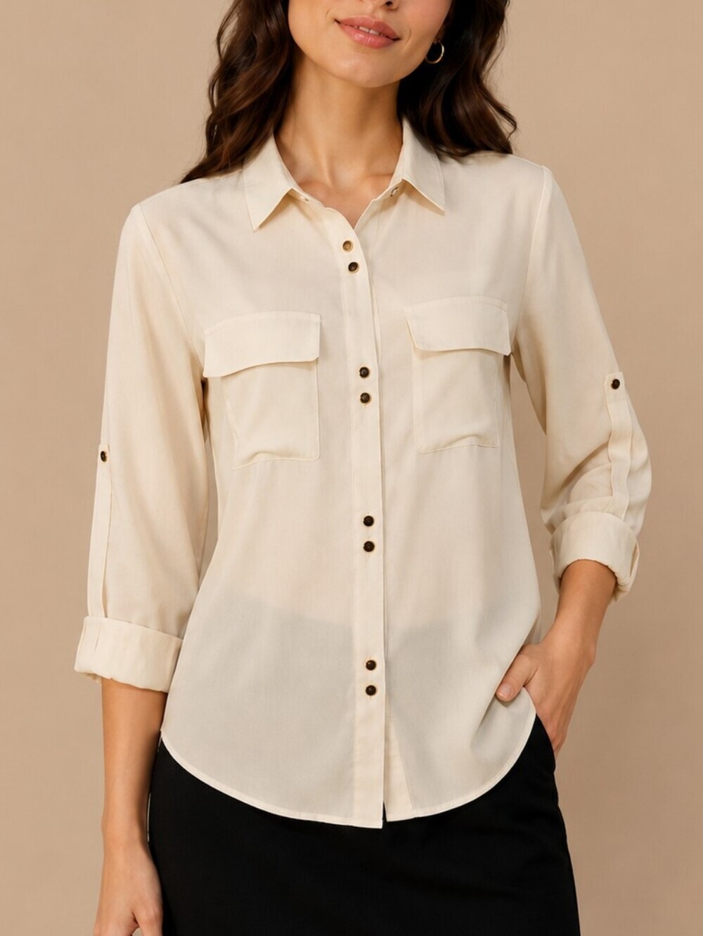 IVANKA TRUMP Off White Button Down Roll Tab Long Sleeve Shirt